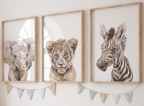 Eviepops Prints Set aus 3 Safaritieren für Kinderzimmer von Jungen und Mädchen, Ungerahmter Druck, Schlafzimmerdekor, Kinder Wandkunst, Dekor im Babyzimmer, Spielzimmer-Poster, elefant zebra löwe (A4)