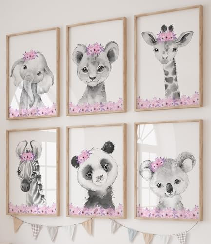 Eviepops Prints Set aus 6 Safaritieren für Kinderzimmer von Mädchen, Ungerahmter Druck, Blumen Schlafzimmerdekor, Kinder Wandkunst, Dekor im Babyzimmer, elefant giraffe löwe zebra panda koala (A4)