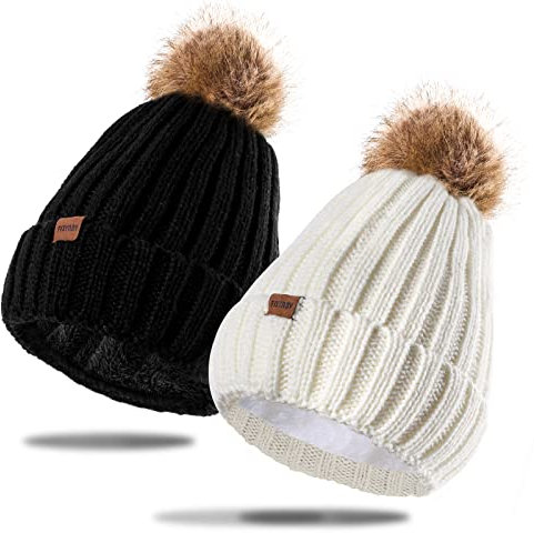 FVXYnnv 2 Stücke Bommelmütze Damen Winter Strickmütze Beanie Mütze mit Bommel Slouch Wintermütze Warme Gefütterte Mütze Schwarz Weiß