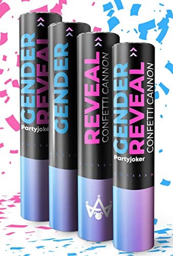 Partyjoker Gender Reveal Konfetti Kanone - 2 Rosa & 2 Blau - Biologisch Abbaubares FSC® Konfetti - Einfach & Sicher zu Bedienen, Party zur Verkündigung des Geschlechts, Papier