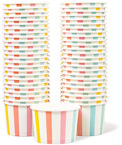 Paper Ice Cream Tubs and Soup Bowls, 50-Count, 118 ml, Sundae Stripes, Hot/Cold Paper Snack Cups, Disposable Ice Cream Cups, Soup Bowls