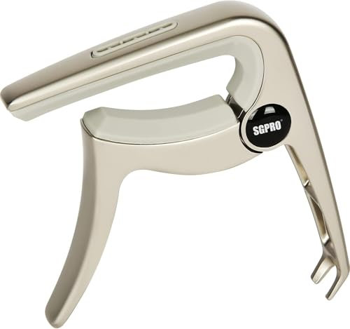 SGPRO Cejilla para guitarra acústica, eléctrica y ukelele, aleación de zinc duradera y silicona, abrazadera de guitarra, soporte para púas y extractor de pines en uno (champán)
