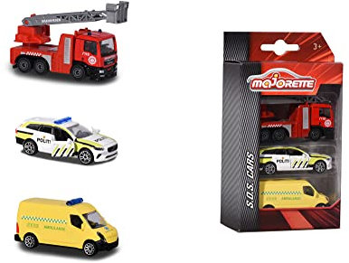 Majorette 212057262007-3-Pack Véhicule d'urgence Norvégien - Pack de 3 Véhicules d'urgence norvégiens avec Camion de Police dans Volvo V90 Modèle, Ambulance et Camion de Pompiers en Métal, 7,5 cm, Dès