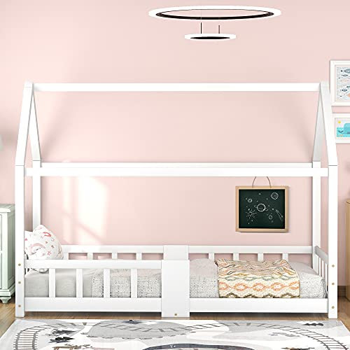 I0I&I0I Kinderbett Hausbett mit Schornstein & Rausfallschutz | Robustes Kiefernholz | 90x200 cm | Für 5-10 Jahre | Ohne Matratze | Haus Bett for Kids (Weiss)