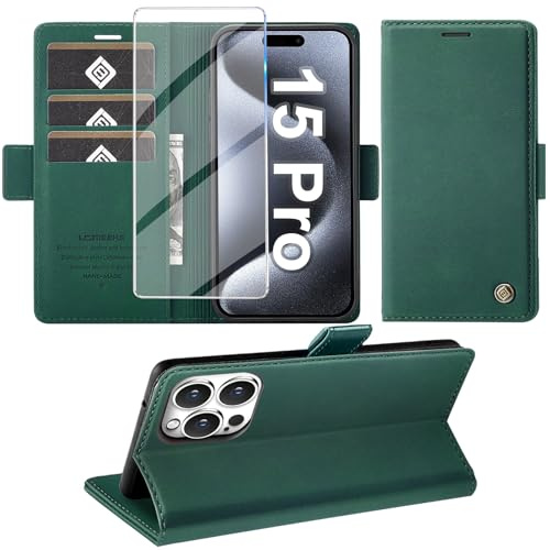 Giyer Handyhülle für iPhone 15 Pro Hülle mit Schutzfolie, Standfunktion Kartenfach Wallet Premium Leder Schutzhülle für iPhone 15 Pro 5G 2023 Flip Case Cover Tache Stoßfeste Klapphülle (Grün)