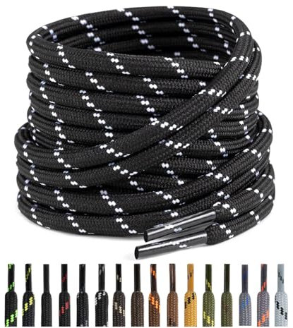 Puzeam 2 Pares Cordones Redondos para Botas, 4.5 mm Cordones Resistentes para Zapatillas de Montaña, Zapatos de Senderismo, Calzado de Seguridad Negro Blanco 140 cm