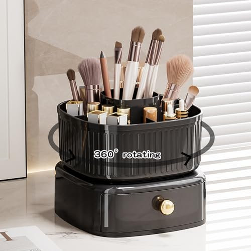 Restorgan Kosmetik Make Up Organizer,360°Drehbarer Pinsel Organizer mit Schublade, Kosmetikregal, Schminktisch Organizer, Kosmetik Organizers für Zimmer Decor Frisiertisch, Schlafzimmer, Bad (schwarz)
