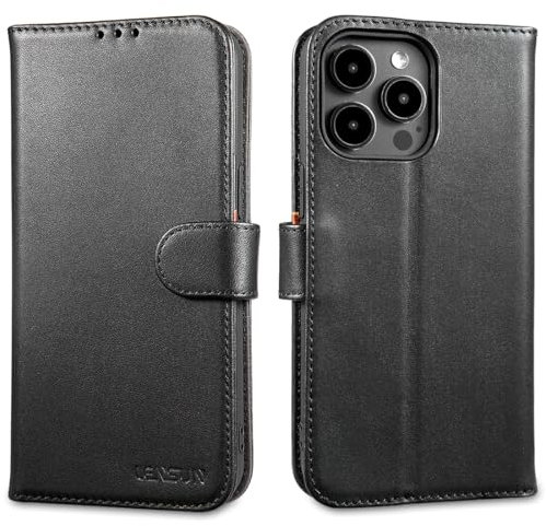 LENSUN Echtleder Hülle für iPhone 15 Pro Max, Handyhülle [Echtes Leder][Magnetverschluss][RFID] Handytasche Flip Lederhülle für iPhone 15 Pro Max 5G - Schwarz
