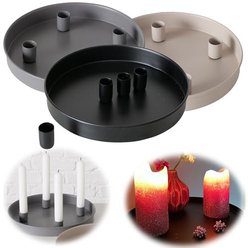 LS-LebenStil Kerzentablett Schwarz Magnet 4 Stabkerzen Rund 25cm Kerzenhalter Deko Tablett Kerzenständer