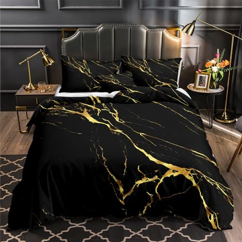 Merryword Schwarzes Marmor-Bettwäsche-Set, Queen-Size-Größe, goldfarben, metallisches Marmor, Schwarz/Gold, Marmormuster, modernes Luxus-Bettwäsche-Set, 4-teilig, 1 Steppdecke, 2 Kissenbezüge, 1