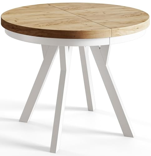 AlpiMeble Esstisch Ausziehbar Evo, Stabile Konstruktion, 90-190cm, Craft | Runder Tish, Moderner Wohnzimmertisch und Küchentisch, Weiße Beine