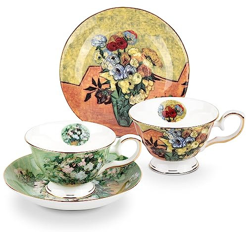 AOTELIDA Teetassen mit Untertassen 2 Satz von, 7 oz Floral Porzellan Kaffeetasse, Fine Bone China Teetasse Set, Espresso Latte Tassen für (Weiße Rosen & Blumen Vase)