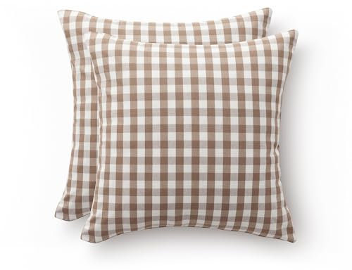 GAMUSI Set mit 2 Karierten Vichy-Kissenbezügen, 45 x 45, dekorative Sofakissenbezüge mit Reißverschluss, atmungsaktive und weiche Baumwolle, Farbe Taupe
