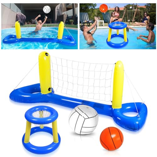 OSDUE Kit de Flotteurs de Basket, Paniers de Basket-Ball pour la Piscine, Ball Gonflable avec Filet de Volleyball, Piscine Basketball Hoop Sports Nautiques Sports Été Jouets pour Enfants et Adultes
