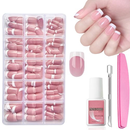 False Nails Kit - Short Press On Nails, 240Pcs French Tip Nails Pink Square - French Nails Fake Nails Short - False Nails With Glue Acrylic Fake Nails 15 Sizes Stick On Nails