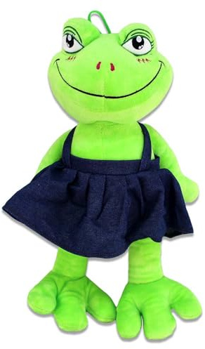 BEMIRO Grüner Frosch Kuscheltier - 36 cm groß, Gestickte Augen, Mit Schlaufe, Zwei Varianten: Kleid oder Shirt (Kleid)