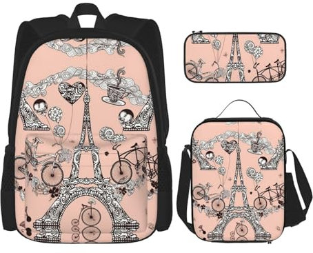 WURTON Juego de mochila ajustable 3 en 1 con estampado de globos de café para bicicleta, lonchera y estuche para lápices, mochila ajustable 3 en 1