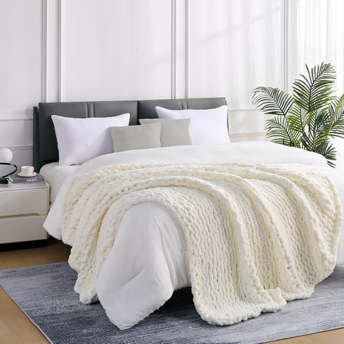 L'AGRATY Grobstrick-Decke: 203,3 x 228,6 cm, Chenille, grob, gestrickt, Überwurfdecke für Bett, Couch, handgefertigt, dick, große Zopfstrickdecke, große grobe Häkeldecke für Heimdekoration (Cremeweiß)