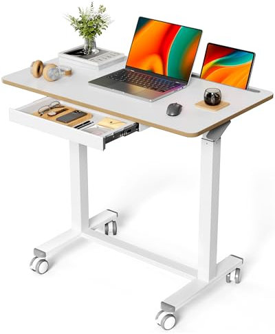 Liftsync Mobiler Stehpult, 88,9 cm, kleiner Stehpult mit Schublade, höhenverstellbarer Rollsitz-Steh-Schreibtisch, weißer tragbarer Laptop-Schreibtisch mit versteckten Rädern oder feststellbaren
