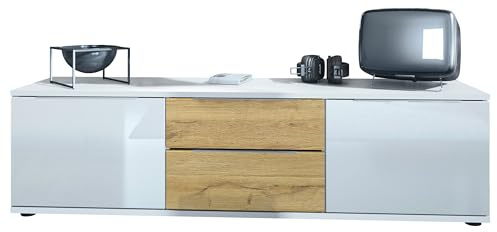 Vladon TV Lowboard Linio V1, Fernsehtisch mit 2 Türen und 2 Schubladen – Weiß/Eiche Natur (138,5 x 37,5 x 35 cm)