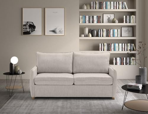 EVERGREENWEB Sofá-Cama 2 Plazas Convertible con Colchón Viscoelástico Plegable, Funda Tejido Beige, Respaldo Doble Cojín Extraíble Lavable, Estructura Reforzada en Metal con 4 Pies de Madera | Grace