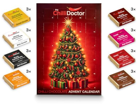 The Chilli Doctor® Exklusiver Adventskalender mit Chili-Schokolade – 24 Stück – Handgefertigt – Premium Schokolade mit Naga Bhut Jolokia, Habanero