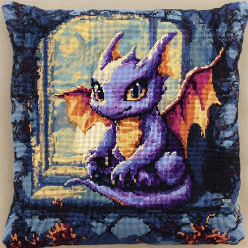 ORLUMY DIY Knüpfkissen Zum Selber Knüpfen Bunte Drachen-Knüpfhaken-Sets，Fantasietiere，3D-Kissen，Materialpaket，Bezug，Knüpfhaken-Set，Kissen-Stickset，Bastel- Und Heimdekoration 43x43cm
