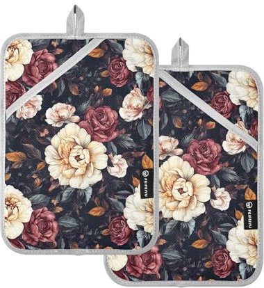 Lot de 2 maniques rétro blanches et rouges - Motif pivoines - Résistantes à la chaleur - Pour barbecue, cuisine, micro-ondes