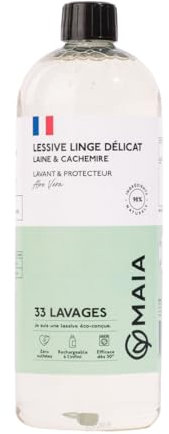 MAIA Lessive Liquide Laine & Linge Délicat Aloe Vera I 33 lavages I 98,3% ingrédients naturels I Lavage main et machine I Made in France I Douceur - Protection des fibres