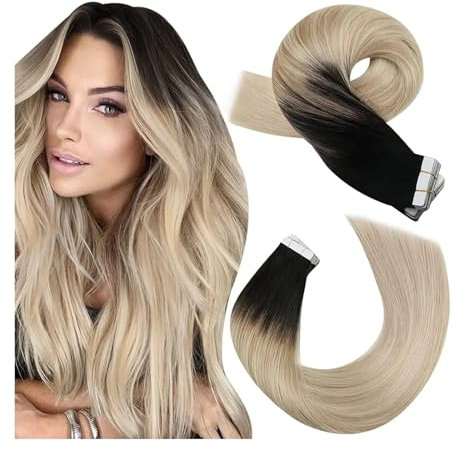 Seamless Tape in Hair Extensions, Blonde Haarverlängerungen, Echthaar, Schwarz Ombre bis Aschblond, Mischung mit Platinblond, Tape-In-Extensions, Echthaar, Remy, gerades Tape-In, 12–24 Zoll,Perfect f