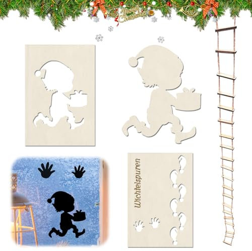 HIQE-FL Wichtel-Schablone: Fußabdrücke & Strickleiter, Weihnachtswichtel Elf, Fenster & Boden, für Wichtelstreich & Dekoration