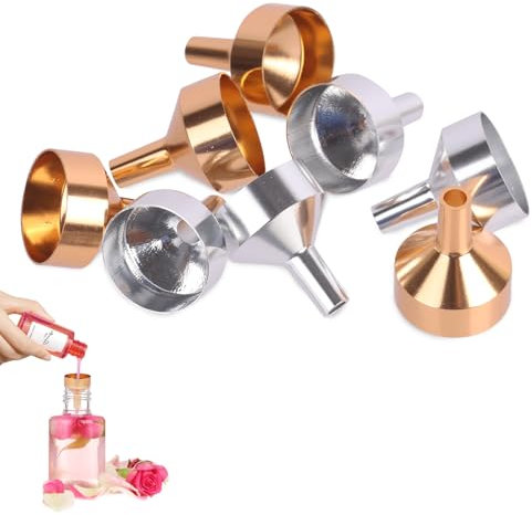 Lollanda 8Pcs Hip Flask Funnels Aluminum, Small Funnels Metal, Mini Funnel for Hip Flask Bottles Containers, Filling Funnel Mini for Perfume Essential Oils Kitchen Use (Gold And Silver, 8Pcs)