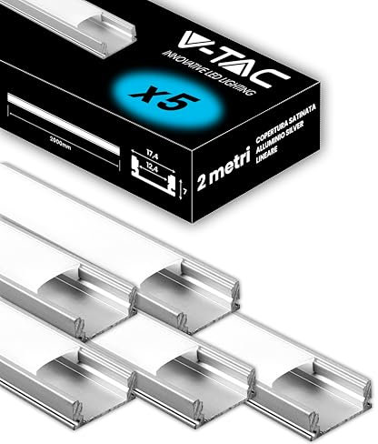 V-TAC 5 x 2 Meter rechteckige Aluminium-Profile – (insgesamt 10 Meter) – Profile für LED-Streifen Abdeckung matt – max. Umfang LED-Streifen 12,4 mm – Maße 17,4 x 7 mm