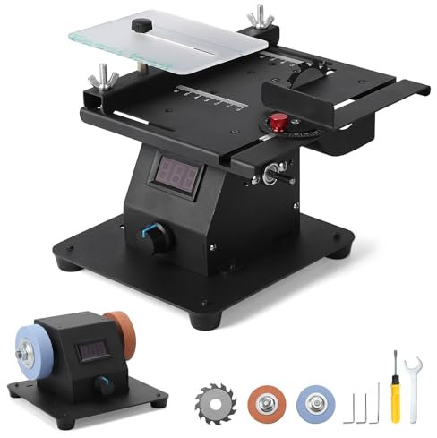 Roadtime Mini Sega da Tavolo da 350 W,2-In-1 con Doppia Smerigliatrice,con Indicatore di Voltaggio a LED,Seghe Circolari Multifunzione da Tavolo con Velocità Regolabile a 7 Livelli per Artigianato