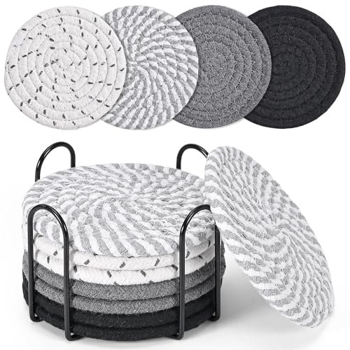 Szaboviktoria 8 Piezas Posavasos Redondos de Hilo de Algodón Tejido con Soporte para Vasos y Tazas de Café, Gris