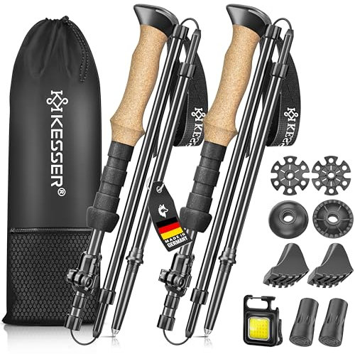 KESSER® Wanderstöcke Aluminium oder Carbon mit Korkgriff | Nordic Walking Stöcke für Damen & Herren faltbar oder Teleskop Trekkingstöcke zum Wandern, Trekking, Skitour & Bergsport inkl. Camping-Licht