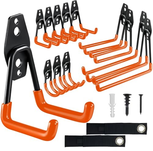 Garage Hooks Steel Wall Mounted Hooks Reinforced Welding Tool Organizer | 12Pcs 4 Size Heavy Duty Storage Hanger with 2 Straps, for Bike, Garden Tools, Sports Equipment, Garage Organization Orange