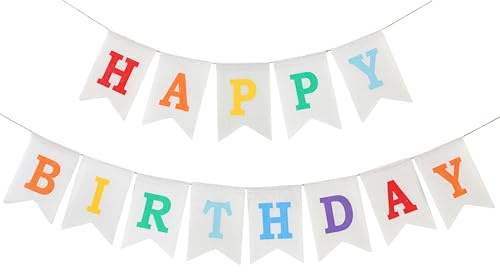 LOVENJOY Happy Birthday-Banner aus Jute, neutral, rustikal, bunt, Happy Birthday, Party-Dekoration, Wimpelkette
