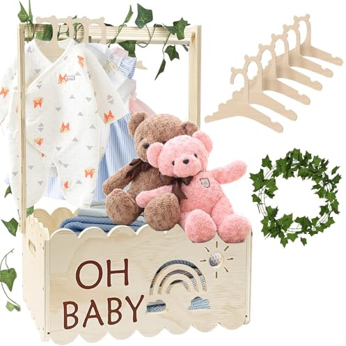 Twshiny Baby-Duschkiste, Holzkorb für Babyparty, Kleiderständer mit Kleiderbügeln, Baby-Geschenke für Neugeborene, Mädchen, Jungen, Regenbogenfarben