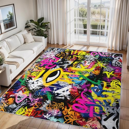 Generisch Teppich Wohnzimmer Street Art, Teppich Hip Hop Graffiti für Schlafzimmer 120x160 cm, Weicher Waschbarer Antirutsch Kurzflor Dekoration Carpet P-&2