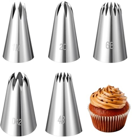 Lot de 5 embouts de décoration de gâteaux (1 m, 2D, 6B, 4B, D42), pour décoration de gâteaux, outils de pâtisserie pour loisirs créatifs