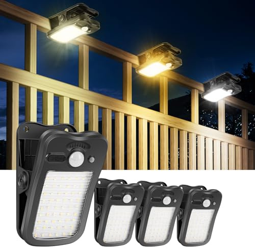 BlueYu Solarlampen für Außen mit Bewegungsmelder, 4 Stück Clip-on Solarleuchten mit 3 Modi und 3 Farben, USB-Aufladung und Fernbedienung, Wasserdicht Solar Lampe für Garten Zau Dachrinnen Beleuchtung