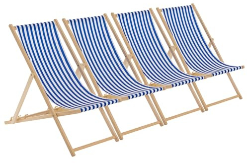 Harbour Housewares Folding Wooden Deck Chairs – Navy Stripe – Pack of 4 – Adults Traditional Foldable Reclining Outdoor Canvas Sun Lounger Chair Seat for Garden Patio, Beach, Camping