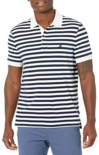 Nautica Men's Classic Fit 100% Cotton Soft Short Sleeve Stripe Polo Shirt, Bright White, Medium