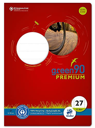 Staufen Green Heft - DIN A4, Lineatur 27 (9mm liniert mit Randlinien), 32 Blatt, 90g/m² Recyclingpapier, runde Ecken verhindern Eselsohren, 4 verschiedene Motive (keine Auswahl möglich), 1 Stück