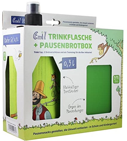 Emil Trinkflasche aus Glas inkl. Brotbox & Ersatzverschlüsse – Starterset zur Einschulung - BPA-frei & schadstofffrei, isolierend – Ziehverschluss für Wasser, Saft & Milch – Pettersson & Findus (0,3l)