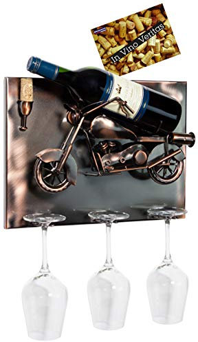 BRUBAKER - Porte-Bouteille de vin & 3 Porte-Verres - Moto - Art Mural 3D / Métal - Carte de vœux Incluse - Idée Cadeau Originale - Objet décoratif