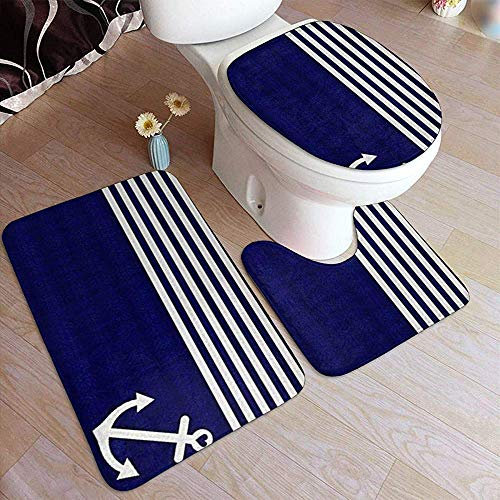 Odelia Palmer Navy Blue Love Anchor Nautical Washroom Mats,Anti-Skid Absorbent Toilet Seat Cover Bath Mat Lid Cover