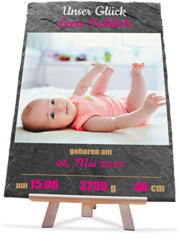 wandmotiv24 Personalisierbare Schiefertafel als Geschenk zur Geburt, 20 x 30 cm, Staffelei, Foto und Geburtsdaten, Erstausstattung Baby-Zimmer, Geschenke für Eltern, Schwangerschaft, Mädchen M0401
