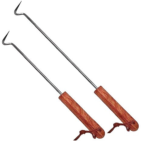 LQLMCOS Lot de 2 crochets en acier inoxydable avec poignée en bois pour barbecue et fumage (44,5 cm + 31,8 cm)